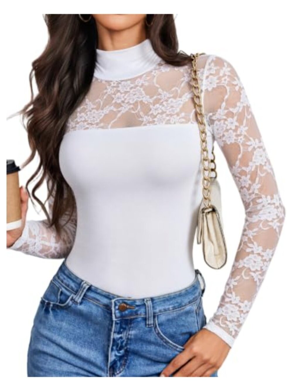 Lace Long Sleeve Bodysuit Turtle Neck Thong Back Snap Closure Women